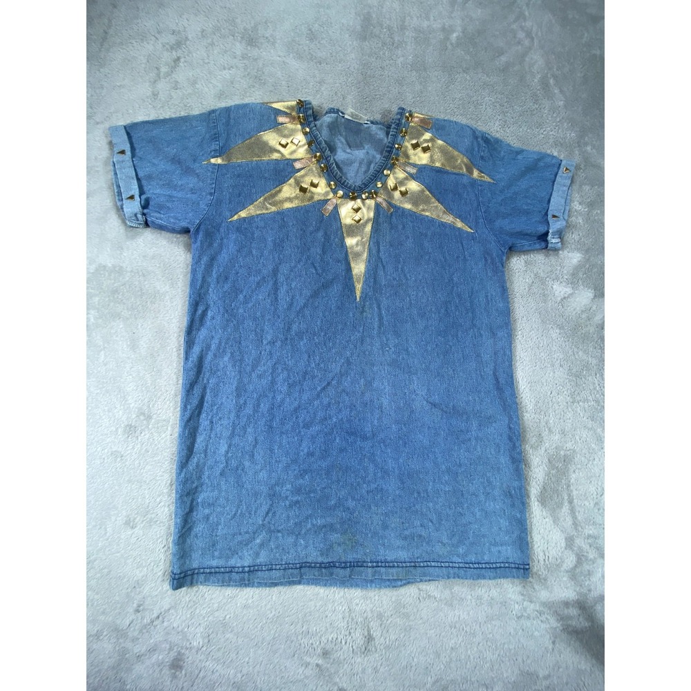 Vintage Womens Tunic Top M Blue Chambray Studded 100% Cotton Aztec Fairy V Neck‎